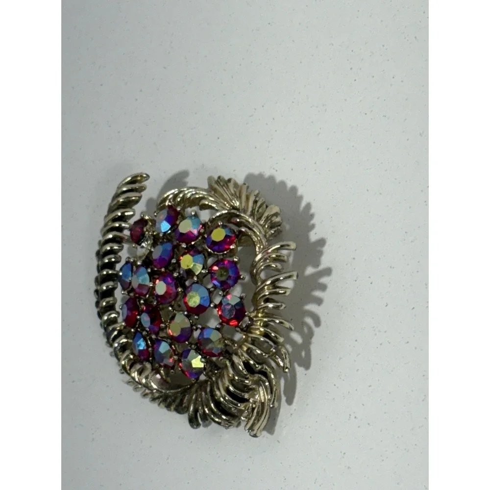 Vitntage Aurora Borealis Brooch Rhinestones Silver Tone Large Pin Gorgeous‎